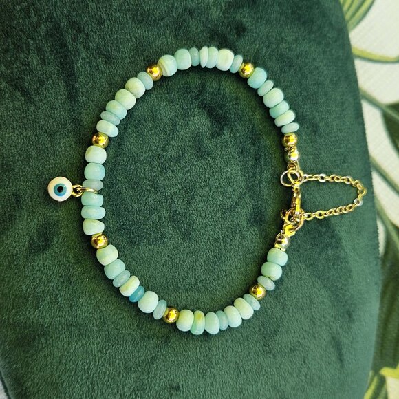 Petite Chalcedony Stone and 14K Gold Filled Bead Bracelet with Charm - Picture 2 of 5